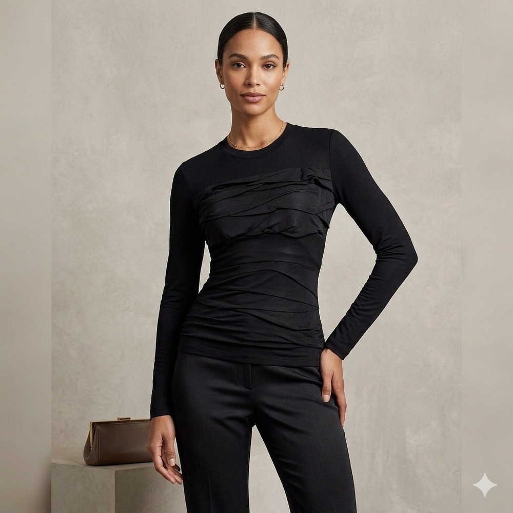 Diane von Furstenberg Bandot Silk Ruffle Front Long Sleeve Top Black Small
